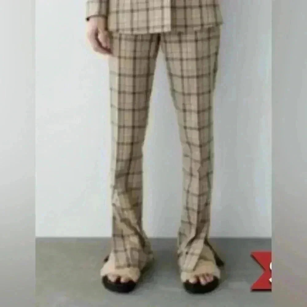 Zara Tartan Plaid Womens Tan Check Trousers Side Vents Leg Slit size‎ 5 Academia